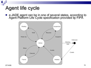 Agent life cycle a JADE agent can be in one of several states, according to Agent Platform Life Cycle specification provided by FIPA 06/04/09 