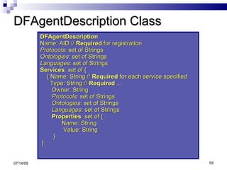 DFAgentDescription Class DFAgentDescription   Name: AID //  Required  for registration  Protocols : set of Strings  Ontologies : set of Strings  Languages : set of Strings  Services : set of {  { Name: String //  Required  for each service specified  Type: String //  Required  ...  Owner: String  Protocols : set of Strings  Ontologies : set of Strings  Languages : set of Strings  Properties : set of {  Name: String  Value: String } }   06/04/09 