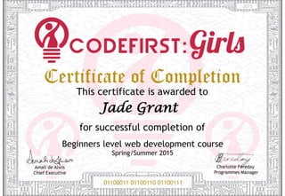 Jade Grant
Beginners level web development course
Spring/Summer 2015
2015 2015
 