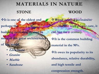 It is one of the oldest and
perhaps the most permanent
building materials. It used in
most of the great architectures
of the world.
• Limestone
• Granite
• Marble
• Sandtone
Wood is not a permanent
material but with proper care, it
can last for a century.
It is the common building
material in the 90’s.
It owes its popularity to its
abundance, relative durability,
and high tensile and
compression strength.
MATERIALS IN NATURE
STONE WOOD
 