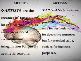 ARTISTS are the
creators of tangible or
intangible products as
an expression of
creativity and
imagination for purely
aesthetic reasons.
ARTISANS (craftsman)
are the makers of
products or crafts, not
only for aesthetic value of
for decorative purposes
but for practical value,
such as for business
purposes.
ARTISTS ARTISANS
 