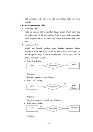 14
tidak sebaliknya, yaitu satu siswa tidak dapat belajar pada kelas yang
berbeda.
II.4.3 Metode pembuatan ERD
1. Menetukan Entity
Disini kita dituntut untuk menentukan dengan cermat sebuah entity yang
ada dalam suatu proyek atau masalah. Entity berguna untuk menentukan
peran, kejadian, lokasi, hal nyata dan konsep penggunaan untuk data
base.
2. Menentukan Relasi
Setelah kita berhasil membuat entity, langkah selanjutnya adalah
menentukan relasi antar entity. Relasi apa yang terdapat antara Entity A
dan B, apakah entity A dan B memiliki relasi “one to one”, “one to
many”, atau “many to many”.
a. Relasi One To One
I I
Penjelasan :
Satu siswa mengambil satu Pelajaran
b. Relasi One To Many
I M
Penjelasan :
Satu siswa mengambil banyak mata Pelajaran
c. Relasi Many To Many
M M
Penjelasan :
Pelajaran
mengambilGuru
siswa mengambil
siswa
siswa mengambil
Mata
Pelajaran
 