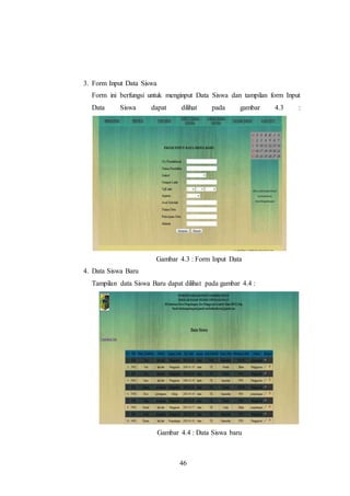 46
3. Form Input Data Siswa
Form ini berfungsi untuk menginput Data Siswa dan tampilan form Input
Data Siswa dapat dilihat pada gambar 4.3 :
Gambar 4.3 : Form Input Data
4. Data Siswa Baru
Tampilan data Siswa Baru dapat dilihat pada gambar 4.4 :
Gambar 4.4 : Data Siswa baru
 