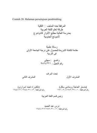 Contoh 20. Halaman persetujuan pembimbing
‫المرففة‬‫حنه‬‫المشف‬⧵‫الكلية‬
‫طرقة‬‫تعلم‬‫اللغة‬‫العربية‬
‫بمدرسة‬‫العالية‬‫مطلع‬‫الونوار‬‫كادووندوع‬
‫لمبوونج‬‫الجنوبية‬
‫رسالة‬‫ية‬ّ‫ة‬‫علم‬
‫دمة‬ّ‫ة‬‫مق‬‫لتكملة‬‫الشروط‬‫للحصول‬‫على‬‫درجة‬‫الجامعة‬‫الولى‬
‫فى‬‫التربية‬
‫واضع‬‫سهيلى‬ :
‫رقم‬‫التجيل‬:٩٨٢٤٣٢١
‫تحت‬‫اشراف‬
‫المشرف‬‫الول‬‫المشرف‬‫الثاونى‬
‫)مدستر‬‫الحاجة‬‫رومادونى‬(‫سكل‬
‫رقم‬‫المواظفة‬:١٩۶۰۰٢۰٨١٩٨۶۰٣٢۰۰١
‫)دكتوراه‬‫احمد‬(‫اسرارى‬
‫رقم‬‫المواظفة‬:١٩۵۵۰۷١۰١٩٨۵۰٣١۰۰٣
‫رئيس‬‫قسم‬‫اللغة‬‫العربية‬
‫درس‬‫عبد‬‫الحميد‬
‫رقم‬‫المواظفة‬:١٩۵٨۰۴١۷١٩٨۶۰٣١۰۰٢
 