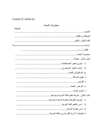 Contoh 22. Daftar Isi
‫محتويات‬‫البحث‬
‫الصفعة‬
..................... ....................................................................................‫التحريد‬
‫الموفقة‬‫من‬.......... ...................................................................................‫الكلية‬
‫كلمة‬‫الشكر‬..........................................................................................‫والتقدير‬
‫ممممممممممممممممممممممممممممممممممممممممممممممممممممممممممممممممممممممممممممممممممممممممممممممممممممممممممممممممممممممممممممممممممممة‬‫م‬‫ترجم‬
.. .......... ...................................................................................‫ٜٜب‬ٜٜٜٜ ‫الكتا‬
‫محتويات‬.......... ...................................................................................‫البحث‬
‫الباٜٜب‬‫الول‬...... ...................................................................................‫دمة‬ّ‫م‬‫مق‬ :
1-‫تعرين‬‫بعض‬......................................................................‫المصطلحات‬
2-‫أسباٜٜب‬‫اختيار‬........................................................................‫الموضوع‬
‫الدوافع‬ -‫ج‬‫إلى‬................................................................................‫البحث‬
‫تعيين‬ -‫د‬.... ..................................................................................‫المسألة‬
.......... ...................................................................................‫الفرض‬ -‫ه‬
‫أغراض‬ -‫و‬.... ..............................................................................‫البحث‬
‫طرق‬ -‫ز‬... ...................................................................................‫البحث‬
‫الباٜٜب‬‫الثانى‬‫طريقة‬ :‫تعليم‬‫اللغة‬‫العربية‬.....................................................‫وجوانبها‬
1-‫تعريف‬‫الطريقة‬‫ونظرية‬‫الوحدة‬..................................................‫واجرائها‬
2-‫أسس‬‫التعليم‬‫اللغة‬......................................................................‫العربية‬
5-‫أسس‬‫نظرية‬............................................................................‫الوحدة‬
‫الصفات‬ -‫د‬‫ال‬‫زمة‬‫لكل‬‫مدارس‬‫اللغة‬...................................................‫العربية‬
 