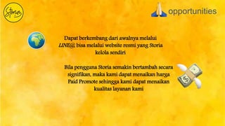 opportunities
Dapat berkembang dari awalnya melalui
LINE@, bisa melalui website resmi yang Storia
kelola sendiri
Bila pengguna Storia semakin bertambah secara
signifikan, maka kami dapat menaikan harga
Paid Promote sehingga kami dapat menaikan
kualitas layanan kami
 