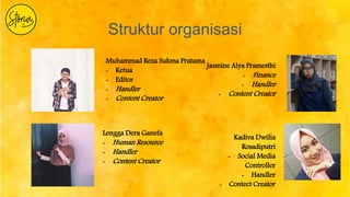 Struktur organisasi
Muhammad Reza Sukma Pratama
- Ketua
- Editor
- Handler
- Content Creator
Jasmine Alya Pramesthi
- Finance
- Handler
- Content Creator
Lengga Dera Ganefa
- Human Resource
- Handler
- Content Creator
Kadiva Dwilia
Rosadiputri
- Social Media
Controller
- Handler
- Contect Creator
 