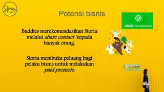 Potensi bisnis
Buddies merekomendasikan Storia
melalui share contact kepada
banyak orang.
Storia membuka peluang bagi
pelaku bisnis untuk melakukan
paid promote.
 