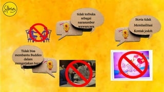 tidak terbuka
sebagai
narasumber
wawancara
kamu
Storia tidak
Memfasilitasi
Kontak jodoh
Tidak bisa
membantu Buddies
dalam
mengerjakan tugas
akademik.
 