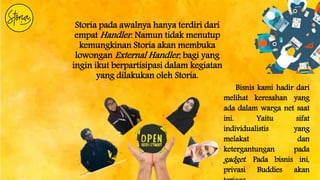 Storia pada awalnya hanya terdiri dari
empat Handler. Namun tidak menutup
kemungkinan Storia akan membuka
lowongan External Handler, bagi yang
ingin ikut berpartisipasi dalam kegiatan
yang dilakukan oleh Storia.
Bisnis kami hadir dari
melihat keresahan yang
ada dalam warga net saat
ini. Yaitu sifat
individualistis yang
melakat dan
ketergantungan pada
gadget. Pada bisnis ini,
privasi Buddies akan
 