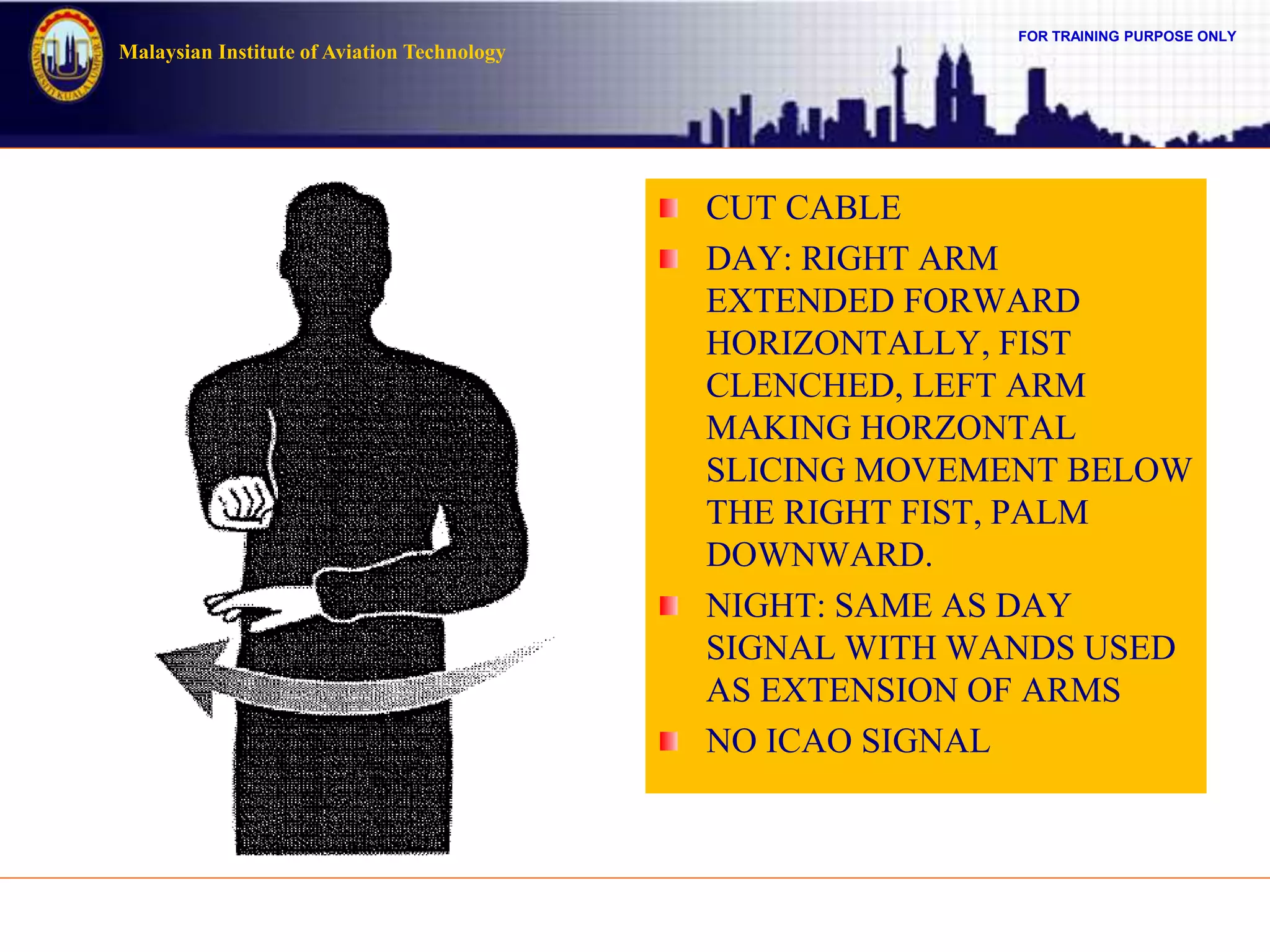 FOR TRAINING PURPOSE ONLY
Malaysian Institute of Aviation Technology
CUT CABLE
DAY: RIGHT ARM
EXTENDED FORWARD
HORIZONTALLY, FIST
CLENCHED, LEFT ARM
MAKING HORZONTAL
SLICING MOVEMENT BELOW
THE RIGHT FIST, PALM
DOWNWARD.
NIGHT: SAME AS DAY
SIGNAL WITH WANDS USED
AS EXTENSION OF ARMS
NO ICAO SIGNAL
 