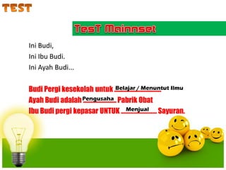Ini Budi,
Ini Ibu Budi.
Ini Ayah Budi...

Budi Pergi kesekolah untuk .................................. Ilmu
                                         Belajar / Menuntut

Ayah Budi adalah Pengusaha Pabrik Obat
                  ........................
                                            Menjual
Ibu Budi pergi kepasar UNTUK .......................... Sayuran.
 