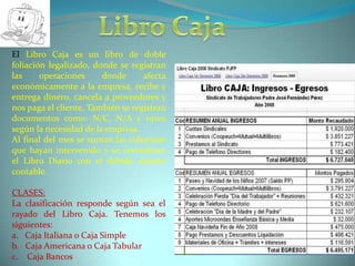 Libro CajaEl Libro Caja es un libro de doble foliación legalizado, donde se registran las operaciones donde afecta económicamente a la empresa, recibe y entrega dinero, cancela a proveedores y nos paga el cliente, También se registran documentos como: N/C, N/A y otros según la necesidad de la empresa.Al final del mes se suman las columnas que hayan intervenido y se centralizan el Libro Diario con el debido asiento contable. CLASES:La clasificación responde según sea el rayado del Libro Caja. Tenemos los siguientes:a.   Caja Italiana o Caja Simpleb.   Caja Americana o Caja Tabularc.    Caja Bancos