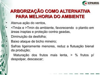 ARBORIZAÇÃO COMO ALTERNATIVAARBORIZAÇÃO COMO ALTERNATIVA
PARA MELHORIA DO AMBIENTEPARA MELHORIA DO AMBIENTE
• Atenua ação do ventos,
• <Tmáx e >Tmin do ambiente, favorecendo o plantio em
áreas inaptas e proteção contra geadas,
• Diminuição da desfolha;
• Baixo ataque de bicho mineiro;
• Safras ligeiramente menores, reduz a flutuação bienal
da produção;
• Maturação dos frutos mais lenta, > % frutos p/
despolpar, descascar;
 
