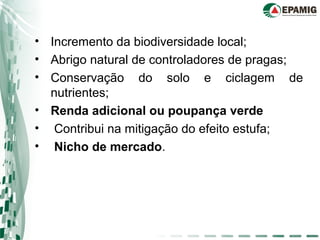 • Incremento da biodiversidade local;
• Abrigo natural de controladores de pragas;
• Conservação do solo e ciclagem de
nutrientes;
• Renda adicional ou poupança verde
• Contribui na mitigação do efeito estufa;
• Nicho de mercado.
 