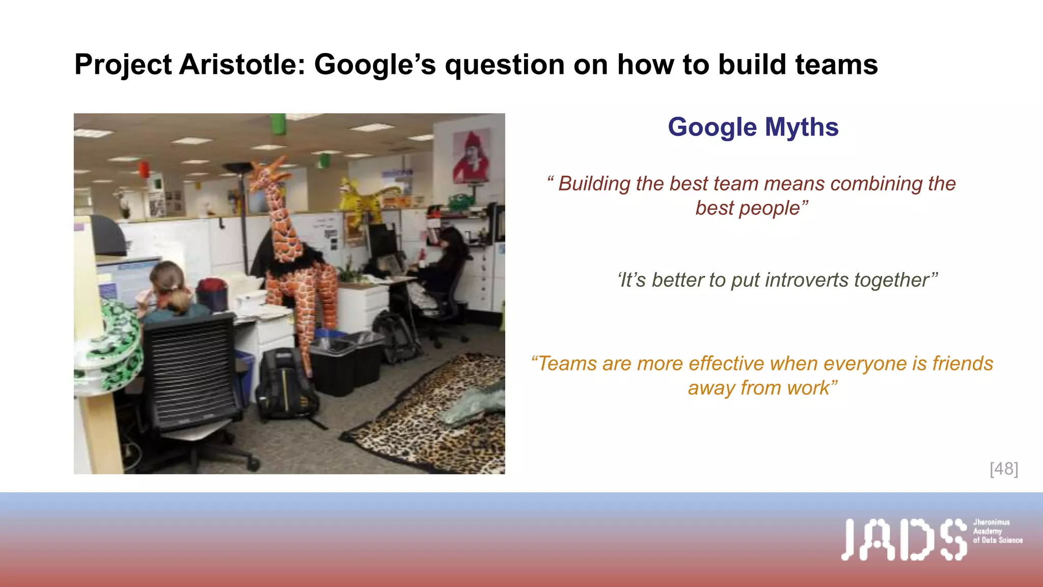 Project Aristotle: Google’s question on how to build teams
Google Myths
[48]
“ Building the best team means combining the
best people”
‘It’s better to put introverts together’’
“Teams are more effective when everyone is friends
away from work”
 
