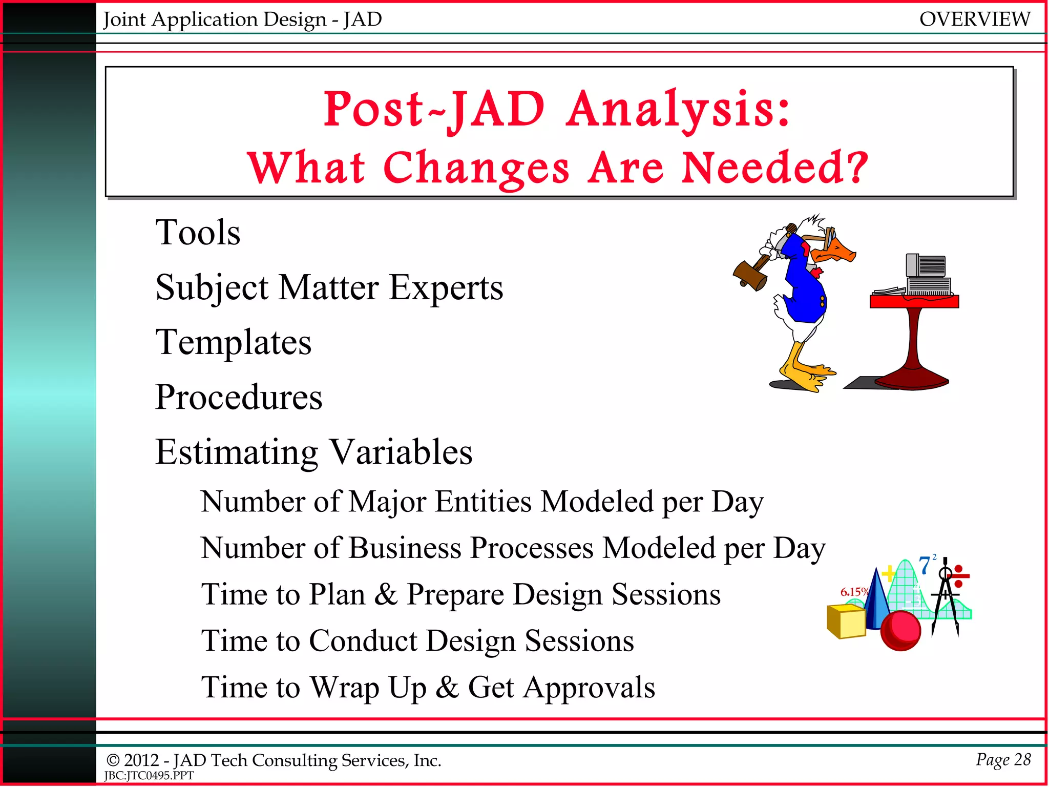 Joint Application Design - JAD                                   OVERVIEW



                           Post-JAD Analysis:
                     What Changes Are Needed?
        Tools
        Subject Matter Experts
        Templates
        Procedures
        Estimating Variables
                  Number of Major Entities Modeled per Day
                  Number of Business Processes Modeled per Day
                  Time to Plan & Prepare Design Sessions
                  Time to Conduct Design Sessions
                  Time to Wrap Up & Get Approvals

© 2012 - JAD Tech Consulting Services, Inc.                          Page 28
JBC:JTC0495.PPT
 