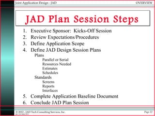 Joint Application Design - JAD                           OVERVIEW




            JAD Plan Session Steps
        1.        Executive Sponsor: Kicks-Off Session
        2.        Review Expectations/Procedures
        3.        Define Application Scope
        4.        Define JAD Design Session Plans
                   Plans
                       Parallel or Serial
                       Resources Needed
                       Estimates
                       Schedules
                   Standards
                       Screens
                       Reports
                       Interfaces
        5. Complete Application Baseline Document
        6. Conclude JAD Plan Session
© 2012 - JAD Tech Consulting Services, Inc.                  Page 22
JBC:JTC0495.PPT
 