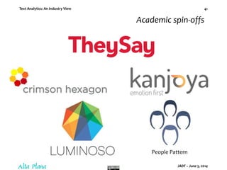 Text Analytics: An Industry View
JADT – June 5, 2014
41
Academic spin-offs
People Pattern
 