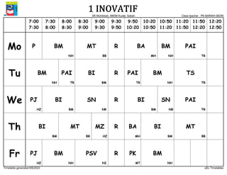 SK Muhibbah, 89058 Kudat, Sabah Class teacher : PN BARIAH BIDIN
Timetable generated:9/6/2023 aSc Timetables
MT
BB
BM
NH
BM
NH
BA
MH
PAI
TR
R
P
BM
NH
BM
NH
BI
BM
TS
TR
R
PAI
TR
PAI
TR
SN
NR
SN
NR
BI
BM
BI
BM
PAI
TR
PJ
HZ
R
MT
BB
MT
BB
BA
MH
BI
BM
BI
BM
MZ
HZ
R
PSV
NI
BM
NH
BM
NH
PJ
HZ
R PK
MT
Mo
Tu
We
Th
Fr
7: 00 - 7: 30
7:00
7:30
7: 30 - 8: 00
7:30
8:00
8: 00 - 8: 30
8:00
8:30
8: 30 - 9: 00
8:30
9:00
9: 00 - 9: 30
9:00
9:30
9: 30 - 9: 50
9:30
9:50
9: 50 - 10: 20
9:50
10:20
10: 20 - 10: 50
10:20
10:50
10: 50 - 11: 20
10:50
11:20
11: 20 - 11: 50
11:20
11:50
11: 50 - 12: 20
11:50
12:20
12: 20 - 12: 50
12:20
12:50
 