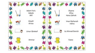 Aisyah
Arissa
Adam Faris
Adeeb
Afif
Umar Qhaleef
Ammar
Iman Raihanah
Irdina
Diyana
Ellisa
Hana Zafirah
Izz Ahmad Danish
Faeez