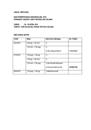 JADUAL BERTUGAS
KEM PEMIMPIN MUDA (KOKURIKULUM) 2019
PERINGKAT DAERAH LARUT MATANG DAN SELAMA
TARIKH : 26 – 28 APRIL 2019
TEMPAT: KEM AS-SALAM, SUNGAI SIPUTEH, SELAMA
SMK SUNGAI BAYOR
Tarikh Masa Nama Guru Bertugas No. Telefon
26/4/2019 3.00 ptg - 7.00 mlm 1)
7.00 mlm - 7.00 pagi 1)
2) Nor Hidayah Mat Ali 0194429350
27/4/2019 7.00 pagi - 1.00 ptg 1)
1.00 ptg - 7.00 mlm 1)
7.00 mlm - 7.00 pagi 1) Siti Fazidah Mohamad
2) Aminudin Baki bin Din 0135931166
28/4/2019 7.00 pagi - 1.00 ptg 1) Mardiana Ismail
 