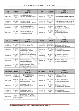 PANDUAN PENGURUSAN SEKOLAH 2017
JULAI TARIKH
GURU
BERTUGAS
OGOS TARIKH
GURU
BERTUGAS
MINGGU 26
26. - 30.06.
2017
HARI RAYA AIDUL FITRI MINGGU 31
31.07 -
04.08. 2017
Cik Maisarah bt Samuri
Pn. Amira Shahirah bt Kamsah
MINGGU 27
03 - 07.07.
2017
Pn. Mashita bt Haron
Pn. Mansurah bt Abdullah
MINGGU 32
07 - 11.08.
2017
En. Azmie b Ahmid
En. Mohd Nazruddin b Md Nawi
MINGGU 28
10 - 14.07.
2017
Pn. Lydiana bt Mohd Zabir
En. Ahmad Fadhirul Fitri b Mohd
Idris
MINGGU 33
14- 18 .08.
2017
Pn. Samsida bt Naharudin
Cik Noor Lela bt Muhamad
MINGGU 29
17 - 21.07.
2017
Pn. Zakiah bt Mahmud
Cik Nur Aznida bt Talib
MINGGU 34
21 - 25.08.
2017
Pn. Rozilawati bt Sulaiman
Pn. Rahida bt Mohamad
MINGGU 30
24 - 28.07.
2017
Pn. Ruziah bt Zainal Abidin
Pn. Nuurzilaima bt Mohd Zin
SEPTEMBER TARIKH
GURU
BERTUGAS
OKTOBER TARIKH
GURU
BERTUGAS
MINGGU 35
26.08 –
03.09 2017
CUTI PERTENGAHAN
PENGGAL 2
MINGGU 40
02 - 06.10.
2017
Pn. Zakiah bt Mahmud
Cik Nur Aznida bt Talib
MINGGU 36
04 -08.09.
2017
En. Suhamzah b Talib
En. NorKhairulnizam b Nordin
MINGGU 41
09 – 13.10.
2017
Pn. Ruziah bt Zainal Abidin
Pn. Nuurzilaima bt Mohd Zin
MINGGU 37
11 - 15.09.
2017
Pn. Sumaya bt Sai’an
Pn. Suriyati bt Shamsudin MINGGU 42
16 - 20.10.
2017
Cik Maisarah bt Samuri
Pn. Amira Shahirah bt Kamsah
MINGGU 38
18 - 22.09.
2017
Pn. Mashita bt Haron
Pn. Rohaida bt Awang Nik
MINGGU 43
23- 27.10.
2017
En. Azmie b Ahmid
En. Mohd Nazruddin b Md Nawi
MINGGU 39
25.09 –
29 .09. 2017
Pn. Lydiana bt Mohd Zabir
En. Ahmad Fadhirul Fitri b Mohd
Idris
SEKOLAH MENENGAH AGAMA REPAH TAMPIN/HEM/SMARTNFT5001/2017
MEI TARIKH
GURU
BERTUGAS
JUN TARIKH
GURU
BERTUGAS
MINGGU 18
02- 05.05.
2017
Pn. Maisarah bt Samuri
Pn. Amira Shahirah bt Kamsah MINGGU 22
27.05 - 04.06.
2017
CUTI PERTENGAHAN TAHUN 2017
MINGGU 19
08 - 12.05.
2017
En. Azmie b Ahmid
En. Mohd Nazruddin b Md Nawi
MINGGU 23
05 – 11 .06.
2017
CUTI PERTENGAHAN TAHUN 2017
MINGGU 20
15 - 19.05.
2017
Pn. Samsida bt Naharudin
Cik Noor Lela bt Muhamad
MINGGU 24
12 - 16.06.
2017
En. Suhamzah b Talib
En. NorKhairulnizam b Nordin
MINGGU 21
22 – 26.05.
2017
Pn. Rohaida bt Awang Nik
Pn. Rahida bt Mohamad
MINGGU 25
19 - 23.06.
2017
Pn. Sumaya bt Sai’an
Pn. Suriyati bt Shamsudin
 