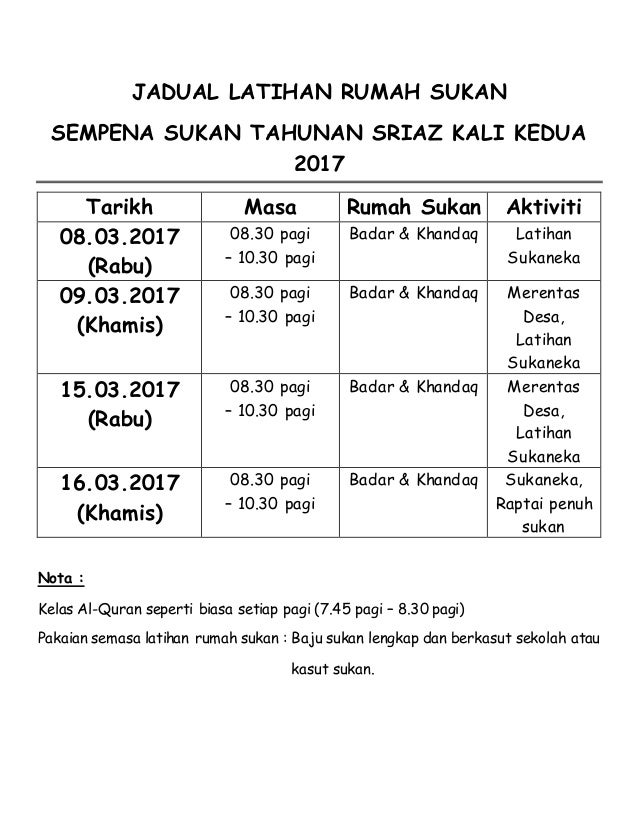 Jadual Latihan Rumah Sukan