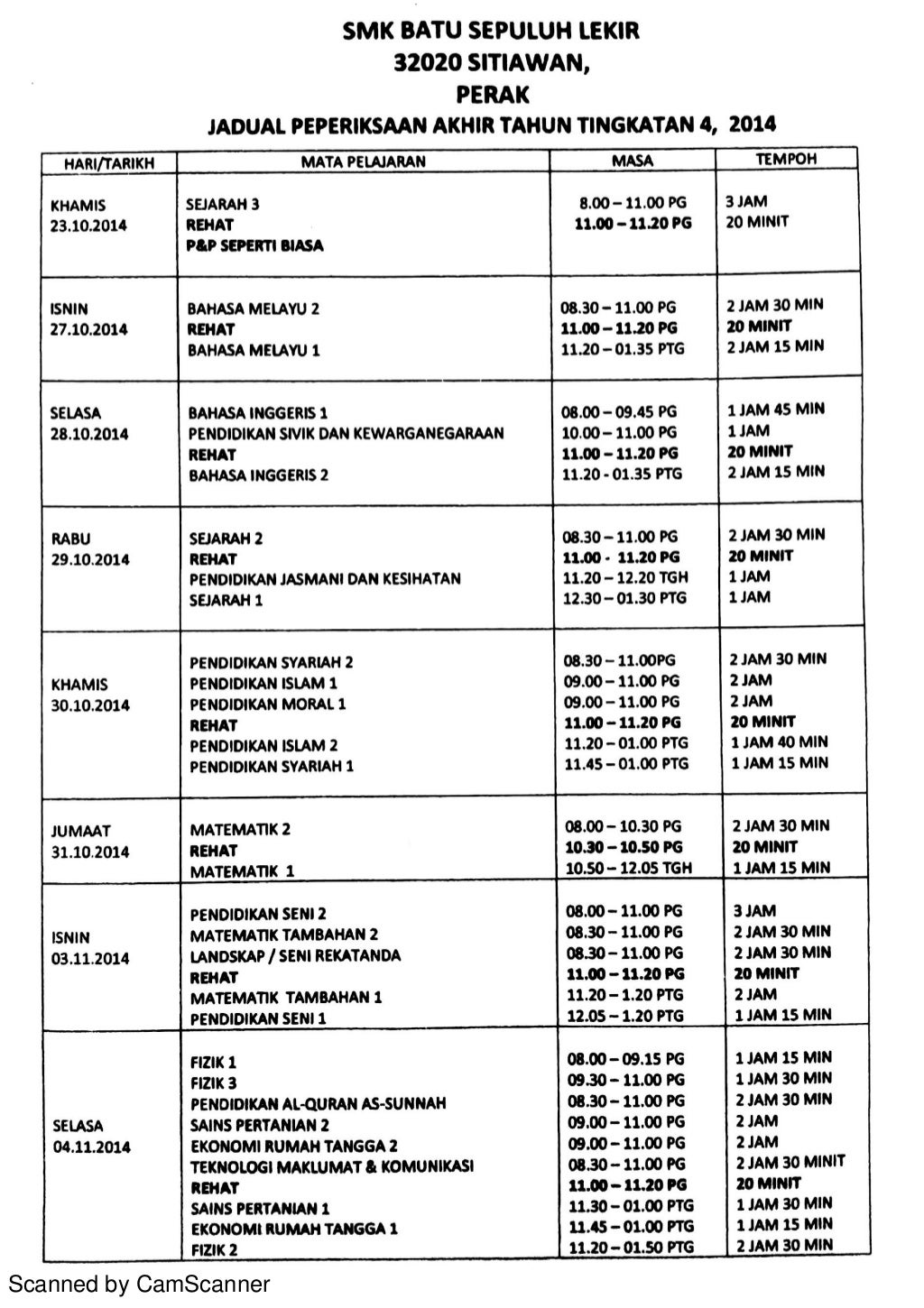 JADUAL PEPERIKSAAN AKHIR TAHUN SMKBS 2014