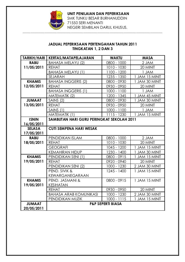 Jadual peperiksaan pertengahan tahun 2011