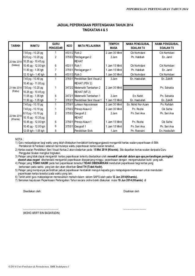 Jadual peperiksaan pertengahan tahun 2014 t4&t5