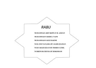 RABU 
MUHAMMAD ARIF IKHWAN B. AZIZAN 
MUHAMMAD FADZRUL NAIM 
MUHAMMAD FAEIZ HAKIMI 
NUR ANIS NATASHA BT ASADUZZAMAN 
NUR FARAH IZZATI BT MOHD FATHIL 
NURRINI BATRYSIA BT ROKISHAM 
 