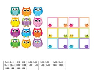 7.40 – 8.10 8.10 – 8.40 8.40 – 9.10 9.10 – 9.40 9,40 – 10.10
10.10 – 10.30 10.30 – 11.00 11.00 – 11.30 11.30 – 12.00 12.00 – 12.30
12.30 – 1.00 1.00 – 1.30
 