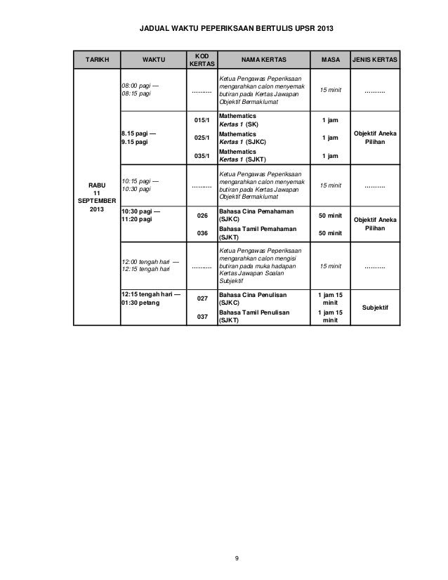 Jadual Waktu Peperiksaan UPSR 2013