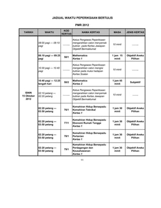 JADUAL WAKTU PEPERIKSAAN BERTULIS

                                             PMR 2012
                                   KOD
 TARIKH           WAKTU                           NAMA KERTAS             MASA      JENIS KERTAS
                                  KERTAS

                                           Ketua Pengawas Peperiksaan
             08:00 pagi — 08:10            mengarahkan calon menyemak
                                  ……...                                  10 minit       ……..
             pagi                          butiran pada Kertas Jawapan
                                           Objektif Bermaklumat

             08:10 pagi — 09:25            Mathematics                   1 jam 15   Objektif Aneka
                                   50/1
             pagi                          Kertas 1                        minit       Pilihan

                                           Ketua Pengawas Peperiksaan
             10:30 pagi — 10.40            mengarahkan calon mengisi
                                  ……...                                  10 minit       ……..
             pagi                          butiran pada muka hadapan
                                           Kertas Soalan

             10:40 pagi — 12:25            Mathematics                   1 jam 45
                                   50/2                                               Subjektif
             tengah hari                   Kertas 2                        minit

                                           Ketua Pengawas Peperiksaan
   ISNIN     02:10 petang —                mengarahkan calon menyemak
15 Oktober                        ……...                                  10 minit       …….
             02:20 petang                  butiran pada Kertas Jawapan
    2012                                   Objektif Bermaklumat


                                           Kemahiran Hidup Bersepadu
             02:20 petang —                                              1 jam 30   Objektif Aneka
                                   76/1    Kemahiran Teknikal
             03:50 petang                                                  minit       Pilihan
                                           Kertas 1

                                           Kemahiran Hidup Bersepadu
             02:20 petang —                                              1 jam 30   Objektif Aneka
                                   77/1    Ekonomi Rumah Tangga
             03:50 petang                                                  minit       Pilihan
                                           Kertas 1

                                           Kemahiran Hidup Bersepadu
             02:20 petang —                                              1 jam 30   Objektif Aneka
                                   78/1    Pertanian
             03:50 petang                                                  minit       Pilihan
                                           Kertas 1

                                           Kemahiran Hidup Bersepadu
             02:20 petang —                Perdagangan dan               1 jam 30   Objektif Aneka
                                   79/1
             03:50 petang                  Keusahawanan                    minit       Pilihan
                                           Kertas 1

                                                 11
 