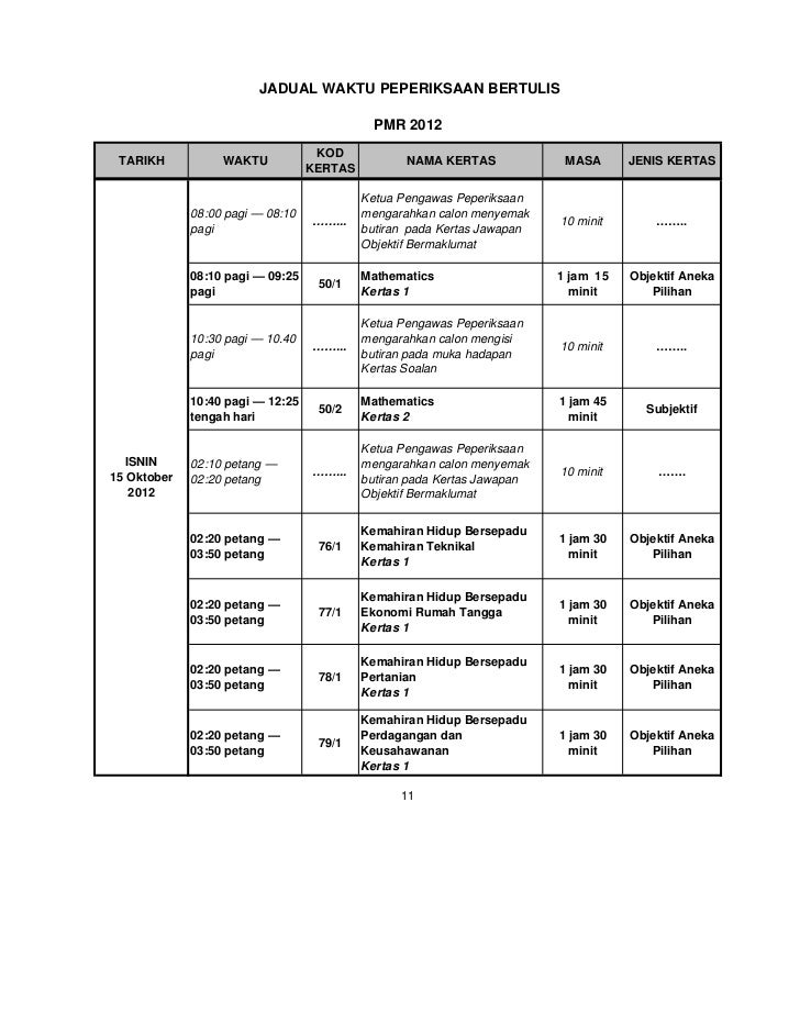 Jadual waktu pmr 2012