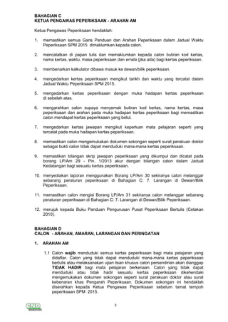 3
BAHAGIAN C
KETUA PENGAWAS PEPERIKSAAN - ARAHAN AM
Ketua Pengawas Peperiksaan hendaklah:
1. memastikan semua Garis Panduan dan Arahan Peperiksaan dalam Jadual Waktu
Peperiksaan SPM 2015 dimaklumkan kepada calon.
2. mencatatkan di papan tulis dan memaklumkan kepada calon butiran kod kertas,
nama kertas, waktu, masa peperiksaan dan errata (jika ada) bagi kertas peperiksaan.
3. membenarkan kalkulator dibawa masuk ke dewan/bilik peperiksaan.
4. mengedarkan kertas peperiksaan mengikut tarikh dan waktu yang tercatat dalam
Jadual Waktu Peperiksaan SPM 2015.
5. mengedarkan kertas peperiksaan dengan muka hadapan kertas peperiksaan
di sebelah atas.
6. mengarahkan calon supaya menyemak butiran kod kertas, nama kertas, masa
peperiksaan dan arahan pada muka hadapan kertas peperiksaan bagi memastikan
calon mendapat kertas peperiksaan yang betul.
7. mengedarkan kertas jawapan mengikut keperluan mata pelajaran seperti yang
tercatat pada muka hadapan kertas peperiksaan.
8. memastikan calon mengemukakan dokumen sokongan seperti surat perakuan doktor
sebagai bukti calon tidak dapat menduduki mana-mana kertas peperiksaan.
9. memastikan bilangan skrip jawapan peperiksaan yang dikumpul dan dicatat pada
borang LP/Am 29 - Pin. 1/2013 akur dengan bilangan calon dalam Jadual
Kedatangan bagi sesuatu kertas peperiksaan.
10. menyediakan laporan menggunakan Borang LP/Am 30 sekiranya calon melanggar
sebarang peraturan peperiksaan di Bahagian C: 7. Larangan di Dewan/Bilik
Peperiksaan.
11. memastikan calon mengisi Borang LP/Am 31 sekiranya calon melanggar sebarang
peraturan peperiksaan di Bahagian C: 7. Larangan di Dewan/Bilik Peperiksaan.
12. merujuk kepada Buku Panduan Pengurusan Pusat Peperiksaan Bertulis (Cetakan
2010).
BAHAGIAN D
CALON - ARAHAN, AMARAN, LARANGAN DAN PERINGATAN
1. ARAHAN AM
1.1 Calon wajib menduduki semua kertas peperiksaan bagi mata pelajaran yang
didaftar. Calon yang tidak dapat menduduki mana-mana kertas peperiksaan
bertulis atau melaksanakan ujian lisan khusus calon persendirian akan dianggap
TIDAK HADIR bagi mata pelajaran berkenaan. Calon yang tidak dapat
menduduki atau tidak hadir sesuatu kertas peperiksaan dikehendaki
mengemukakan dokumen sokongan seperti surat perakuan doktor atau surat
kebenaran khas Pengarah Peperiksaan. Dokumen sokongan ini hendaklah
diserahkan kepada Ketua Pengawas Peperiksaan sebelum tamat tempoh
peperiksaan SPM 2015.
 