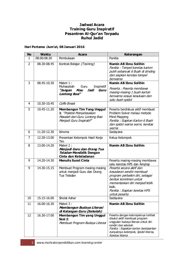 Contoh Jadwal Acara Training Guru Inspiratif Untuk 2 Hari 