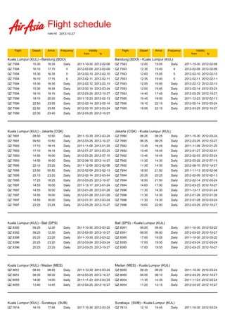 Flight schedule
                        Valid till 2012-10-27




    Flight     Depart   Arrive    Frequency             Validity            Flight     Depart   Arrive    Frequency           Validity
                                                    from         to                                                       from         to

Kuala Lumpur (KUL) - Bandung (BDO)                                      Bandung (BDO) - Kuala Lumpur (KUL)
QZ 7594        15:30    16:35        Daily      2011-10-30 2012-02-08   QZ 7593        12:00    15:05        Daily    2011-10-30 2012-02-08
QZ 7594        16:10    17:15        Daily
                                      4         2012-02-09 2012-02-09   QZ 7593        12:35    15:40        Daily
                                                                                                              4       2012-02-09 2012-02-09
QZ 7594        15:30    16:35        Daily
                                      5         2012-02-10 2012-02-10   QZ 7593        12:00    15:05        Daily
                                                                                                              5       2012-02-10 2012-02-10
QZ 7594        16:10    17:15        Daily
                                      6         2012-02-11 2012-02-11   QZ 7593        12:35    15:40        Daily
                                                                                                              6       2012-02-11 2012-02-11
QZ 7594        15:30    16:35        Daily      2012-02-12 2012-02-13   QZ 7593        12:00    15:05        Daily    2012-02-12 2012-02-13
QZ 7594        15:30    16:35        Daily      2012-02-14 2012-03-24   QZ 7593        12:00    15:05        Daily    2012-02-14 2012-03-24
QZ 7594        18:10    19:15        Daily      2012-03-25 2012-10-27   QZ 7593        14:40    17:45        Daily    2012-03-25 2012-10-27
QZ 7596        19:15    20:20        Daily      2011-12-23 2012-02-13   QZ 7595        15:45    18:50        Daily    2011-12-23 2012-02-13
QZ 7596        22:50    23:55        Daily      2012-02-14 2012-02-14   QZ 7595        19:10    22:15        Daily    2012-02-14 2012-03-24
QZ 7596        22:50    23:55        Daily      2012-02-15 2012-03-24   QZ 7595        19:05    22:10        Daily    2012-03-25 2012-10-27
QZ 7596        22:35    23:40        Daily      2012-03-25 2012-10-27




Kuala Lumpur (KUL) - Jakarta (CGK)                                      Jakarta (CGK) - Kuala Lumpur (KUL)
QZ 7691        09:50    10:50        Daily      2011-10-30 2012-03-24   QZ 7690        06:25    09:25        Daily    2011-10-30 2012-03-24
QZ 7691        09:50    10:50        Daily      2012-03-25 2012-10-27   QZ 7690        06:25    09:25        Daily    2012-03-25 2012-10-27
QZ 7693        17:10    18:15        Daily      2011-11-06 2012-01-25   QZ 7692        13:45    16:45        Daily    2011-11-06 2012-01-25
QZ 7693        17:10    18:15        Daily      2012-01-27 2012-03-24   QZ 7692        13:45    16:45        Daily    2012-01-27 2012-02-01
QZ 7693        14:55    16:00        Daily      2012-03-25 2012-07-15   QZ 7692        13:45    16:45        Daily    2012-02-03 2012-03-24
QZ 7693        14:55    16:00        Daily      2012-08-10 2012-10-27   QZ 7692        11:30    14:30        Daily    2012-03-25 2012-07-15
QZ 7695        22:15    23:20        Daily      2011-12-09 2012-02-08   QZ 7692        11:30    14:30        Daily    2012-08-10 2012-10-27
QZ 7695        23:50    00:55        Daily      2012-02-09 2012-02-13   QZ 7694        18:50    21:50        Daily    2011-11-13 2012-02-08
QZ 7695        22:15    23:20        Daily      2012-02-14 2012-03-24   QZ 7694        20:25    23:25        Daily    2012-02-09 2012-02-13
QZ 7695        17:25    18:25        Daily      2012-03-25 2012-10-27   QZ 7694        18:50    21:50        Daily    2012-02-14 2012-03-24
QZ 7697        14:55    16:00        Daily      2011-12-17 2012-01-24   QZ 7694        14:00    17:00        Daily    2012-03-25 2012-10-27
QZ 7697        14:55    16:00        Daily      2012-01-26 2012-01-26   QZ 7696        11:30    14:30        Daily    2011-12-17 2012-01-24
QZ 7697        14:55    16:00        Daily      2012-01-28 2012-01-29   QZ 7696        11:30    14:30        Daily    2012-01-26 2012-01-26
QZ 7697        14:55    16:00        Daily      2012-01-31 2012-03-24   QZ 7696        11:30    14:30        Daily    2012-01-28 2012-03-24
QZ 7697        22:25    23:25        Daily      2012-03-25 2012-10-27   QZ 7696        19:00    22:00        Daily    2012-03-25 2012-10-27




Kuala Lumpur (KUL) - Bali (DPS)                                         Bali (DPS) - Kuala Lumpur (KUL)
QZ 8392        09:25    12:30        Daily      2011-10-30 2012-03-22   QZ 8391        06:00    09:00        Daily    2011-10-30 2012-03-22
QZ 8392        09:25    12:30        Daily      2012-03-25 2012-10-27   QZ 8391        06:00    09:00        Daily    2012-03-25 2012-10-27
QZ 8396        20:25    23:20        Daily      2011-10-30 2012-03-22   QZ 8395        17:00    19:55        Daily    2011-10-30 2012-03-22
QZ 8396        20:25    23:20        Daily      2012-03-24 2012-03-24   QZ 8395        17:00    19:55        Daily    2012-03-24 2012-03-24
QZ 8396        20:25    23:20        Daily      2012-03-25 2012-10-27   QZ 8395        17:00    19:55        Daily    2012-03-25 2012-10-27




Kuala Lumpur (KUL) - Medan (MES)                                        Medan (MES) - Kuala Lumpur (KUL)
QZ 8051        08:45    08:45        Daily      2011-10-30 2012-03-24   QZ 8050        06:20    08:20        Daily    2011-10-30 2012-03-24
QZ 8051        08:35    08:30        Daily      2012-03-25 2012-10-27   QZ 8050        06:05    08:10        Daily    2012-03-25 2012-10-27
QZ 8055        14:00    14:00        Daily      2011-11-23 2012-03-24   QZ 8054        11:35    13:35        Daily    2011-11-23 2012-03-24
QZ 8055        13:40    13:40        Daily      2012-03-25 2012-10-27   QZ 8054        11:20    13:15        Daily    2012-03-25 2012-10-27




Kuala Lumpur (KUL) - Surabaya (SUB)                                     Surabaya (SUB) - Kuala Lumpur (KUL)
QZ 7614        16:15    17:55        Daily      2011-10-30 2012-03-24   QZ 7613        12:10    15:45        Daily    2011-10-30 2012-03-24
 