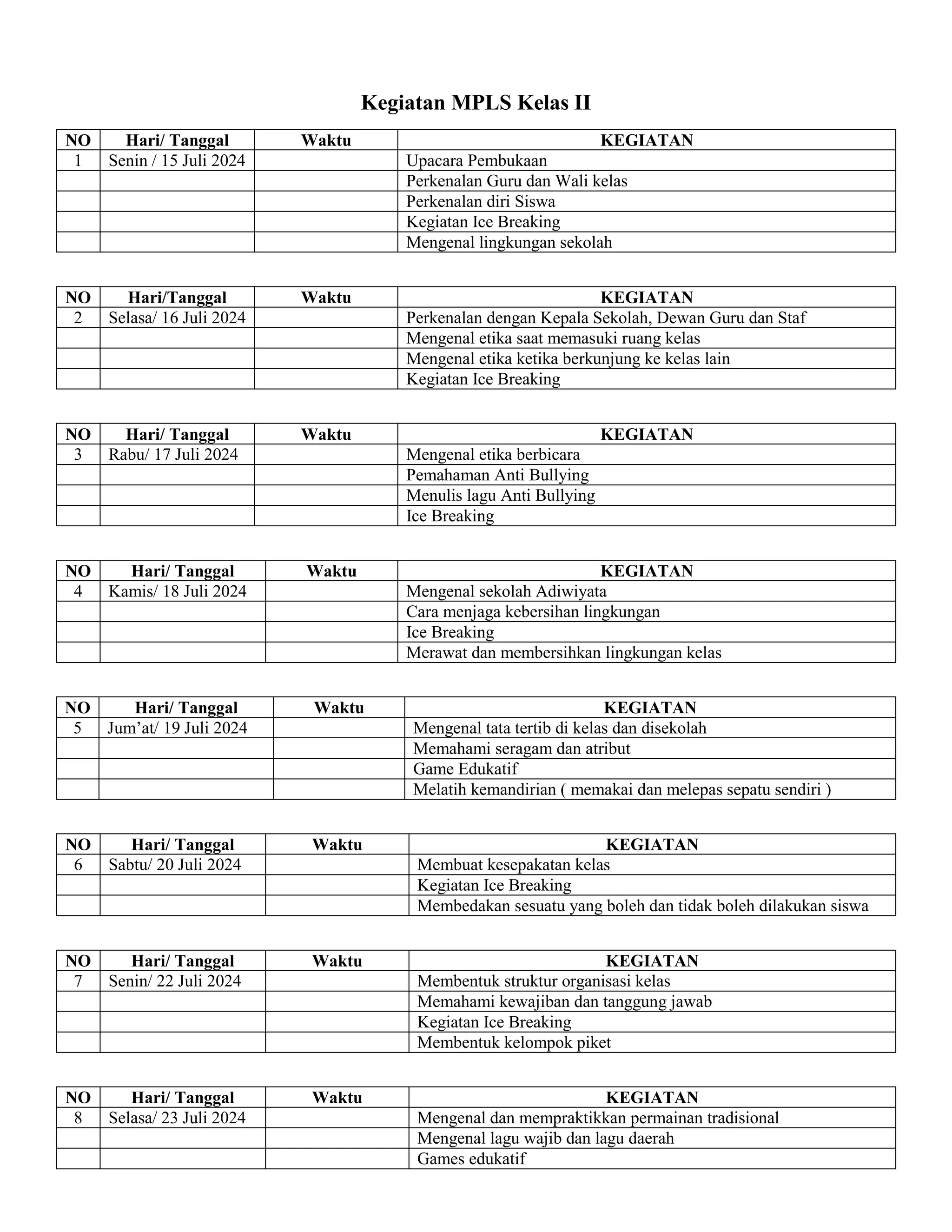 JADWAL kegiatan mpls masa pengenalan lingkungan sekolah2024 2025 sdn PDF