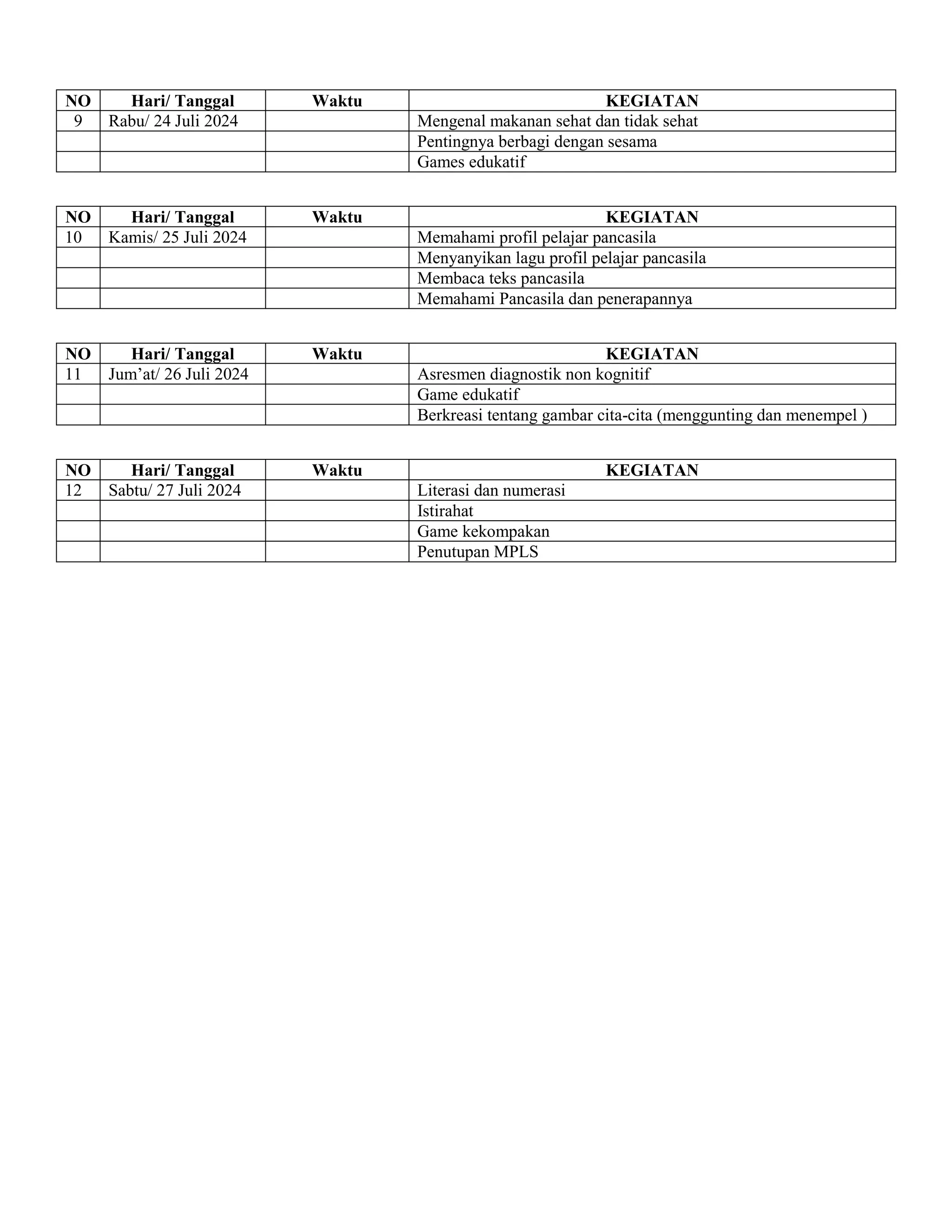 JADWAL kegiatan mpls masa pengenalan lingkungan sekolah2024 2025 sdn PDF