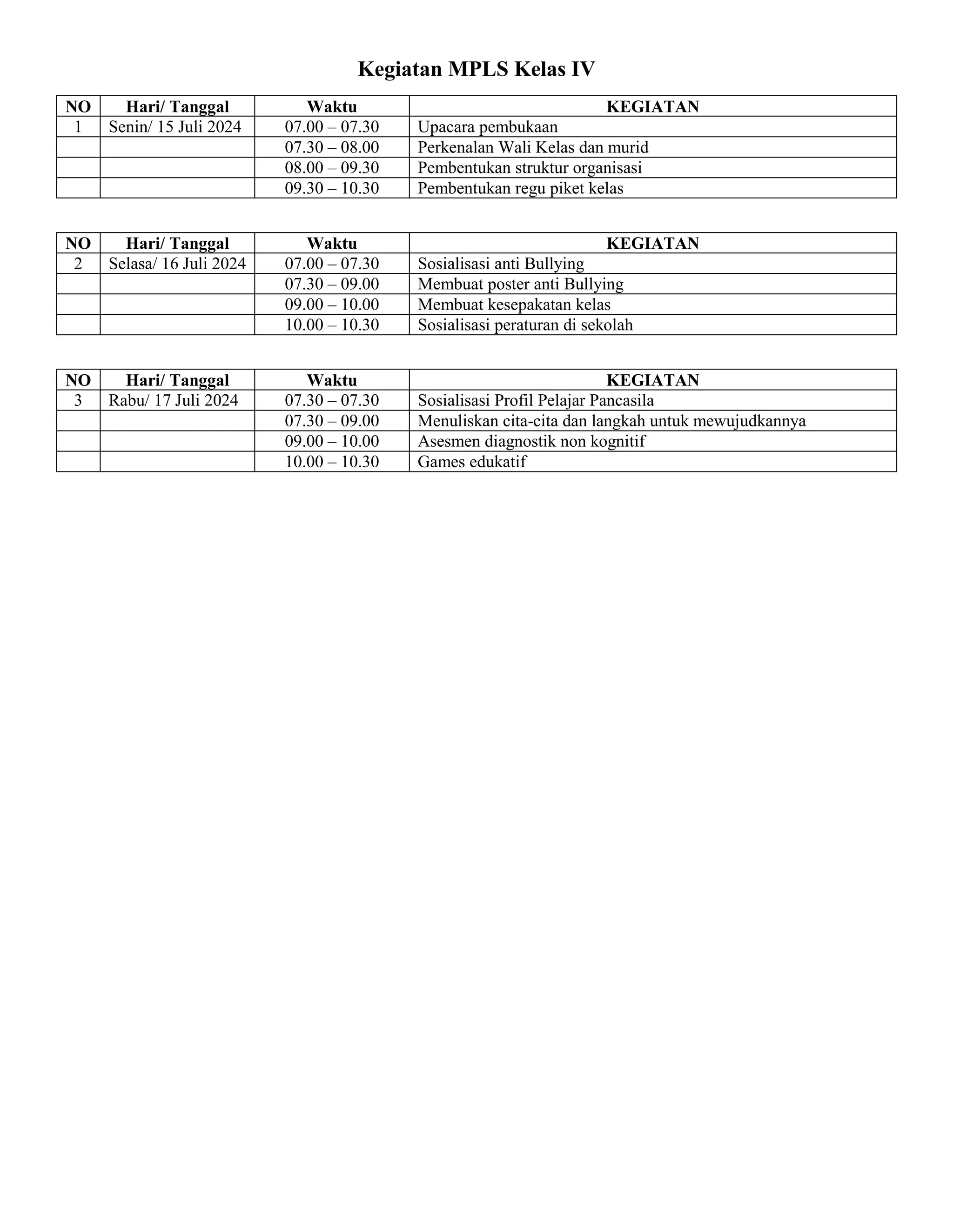 JADWAL kegiatan mpls masa pengenalan lingkungan sekolah2024 2025 sdn PDF