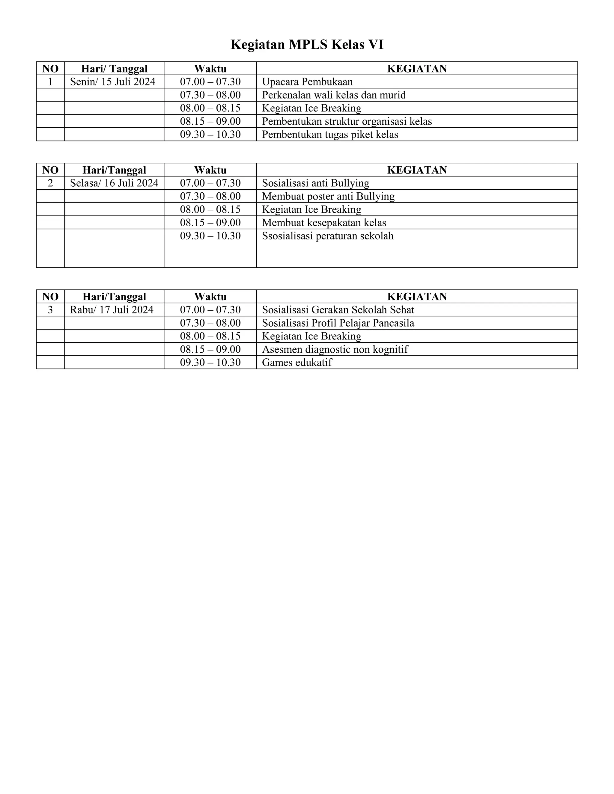 JADWAL kegiatan mpls masa pengenalan lingkungan sekolah2024 2025 sdn PDF