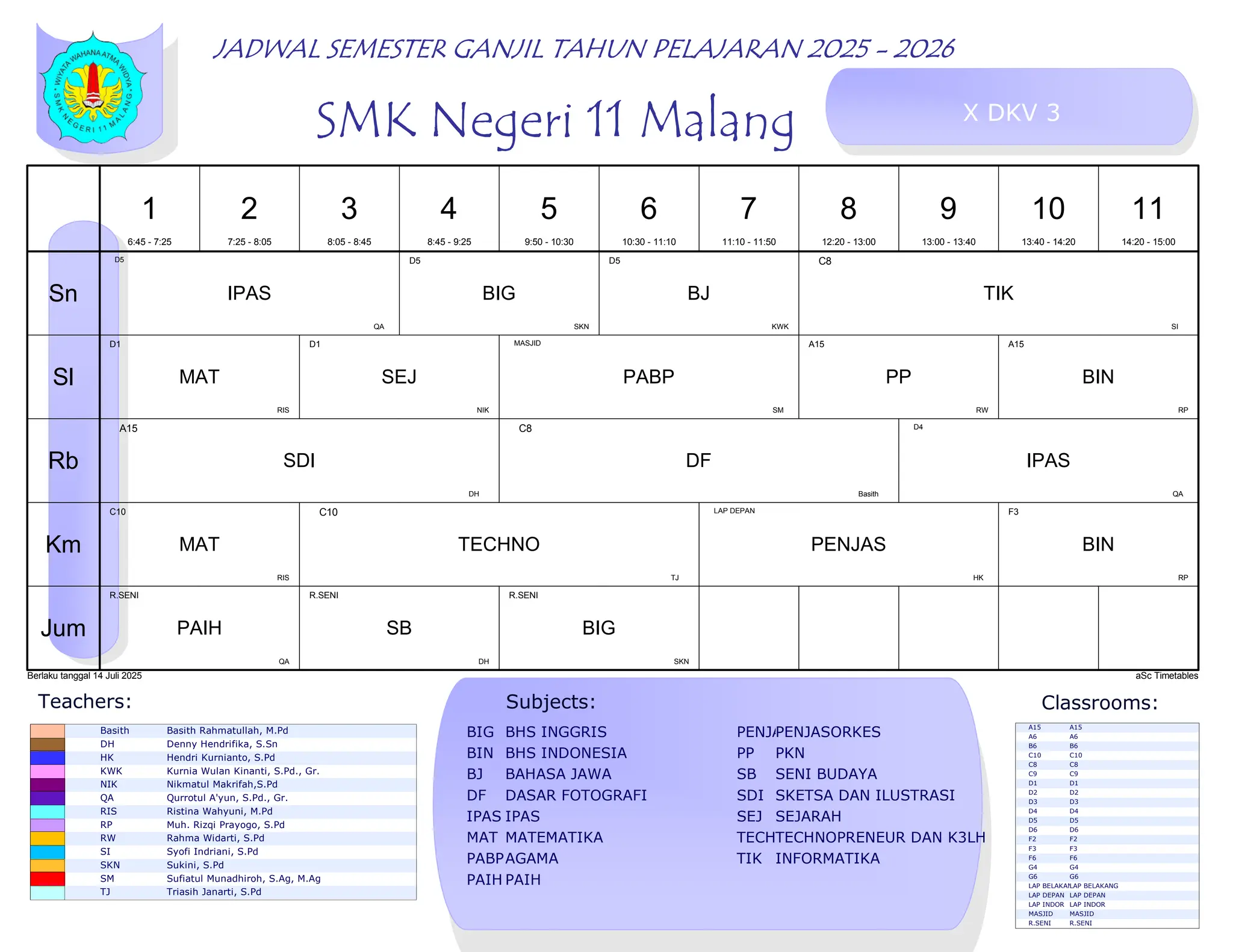 JADWAL KELAS SMSTR ganjil 2526 Juli.pdfvsvsvacagajs | PDF