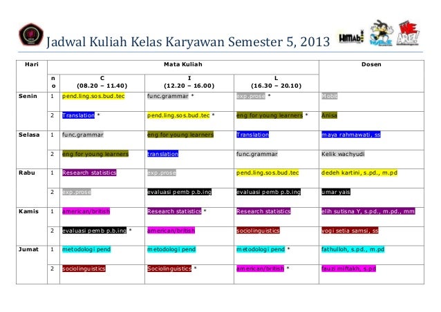 Jadwal Kuliah Kelas Karyawan Semester 5 S1 Pendidikan Bahasa Inggris