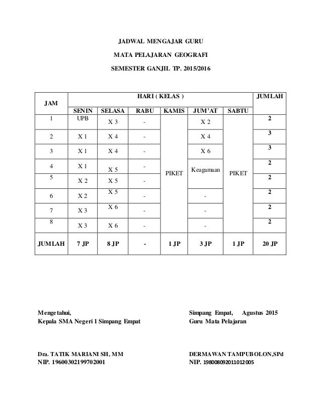 Contoh Jadwal Mata Pelajaran Sma