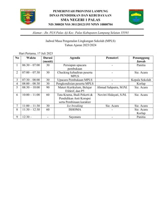 PEMERINTAH PROVINSI LAMPUNG
DINAS PENDIDIKAN DAN KEBUDAYAAN
SMA NEGERI 1 PALAS
NIS 300020 NSS 301120121193 NPSN 10800704
Alamat : Jln. PLN Palas Aji Kec. Palas Kabupaten Lampung Selatan 35593
Jadwal Masa Pengenalan Lingkungan Sekolah (MPLS)
Tahun Ajaran 2023/2024
Hari Pertama, 17 Juli 2023
No Waktu Durasi
(menit)
Agenda Pemateri Penanggung
Jawab
1 06:30 – 07:00 30 Persiapan upacara
pembukaan
- Panitia
2 07:00 – 07:30 30 Checking kehadiran peserta
MPLS
- Sie. Acara
3 07:30 – 08:00 30 Upacara Pembukaan MPLS - Kepala Sekolah
4 08:00 – 08:30 30 Pengkondisian peserta MPLS - Korlap
5 08:30 – 10:00 90 Materi Kurikulum, Belajar
Efektif, dan P5
Ahmad Sahputra, M.Pd. Sie. Acara
6 10:00 – 11:00 60 Tata Krama, Budi Pekerti &
Pendidikan Anti Korupsi
serta Pembinaan karakter
Novitri Hidayati, S.Pd. Sie. Acara
7 11:00 – 11:30 30 Ice breaking Sie. Acara Sie. Acara
8 11:30 – 12:30 60 ISHOMA - Sie. Acara
Korlap
9 12:30 – - Sayonara - Panitia
 
