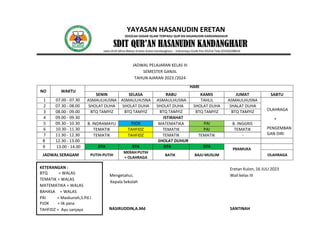 YAYASAN HASANUDIN ERETAN
SEKOLAH DASAR ISLAM TERPADU QUR’AN HASANUDIN KANDANGHAUR
SDIT QUR’AN HASANUDIN KANDANGHAUR
Jalan.KUD Mina Bahari Eretan Kulon Kandanghaur - Indramayu Kode Pos 45254 Telp.(0234)508024
JADWAL PELAJARAN KELAS III
SEMESTER GANJIL
TAHUN AJARAN 2023 /2024
NO WAKTU
HARI
SENIN SELASA RABU KAMIS JUMAT SABTU
1 07.00 - 07.30 ASMAULHUSNA ASMAULHUSNA ASMAULHUSNA TAHLIL ASMAULHUSNA
OLAHRAGA
+
PENGEMBAN
GAN DIRI
2 07.30 - 08.00 SHOLAT DUHA SHOLAT DUHA SHOLAT DUHA SHOLAT DUHA SHALAT DUHA
3 08.00 - 09.00 BTQ TAMYIZ BTQ TAMYIZ BTQ TAMYIZ BTQ TAMYIZ BTQ TAMYIZ
4 09.00 - 09.30 ISTIRAHAT
5 09.30 - 10.30 B. INDRAMAYU PJOK MATEMATIKA PAI B. INGGRIS
6 10.30 - 11.30 TEMATIK TAHFIDZ TEMATIK PAI TEMATIK
7 11.30 - 12.30 TEMATIK TAHFIDZ TEMATIK TEMATIK -
8 12.30 - 13.00 SHOLAT DUHUR
9 13.00 - 14.00 DTA DTA DTA DTA
PRAMUKA
JADWAL SERAGAM PUTIH-PUTIH
MERAH PUTIH
+ OLAHRAGA
BATIK BAJU MUSLIM OLAHRAGA
Eretan Kulon, 16 JULI 2023
Mengetahui, Wali kelas III
Kepala Sekolah
NASIRUDDIN,A.Md SANTINAH
KETERANGAN :
BTQ = WALAS
TEMATIK = WALAS
MATEMATIKA = WALAS
BAHASA = WALAS
PAI = Maskunah,S.Pd.I
PJOK = Iik yana
TAHFIDZ = Ayu sanjaya
 