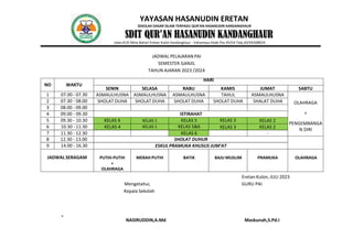 YAYASAN HASANUDIN ERETAN
SEKOLAH DASAR ISLAM TERPADU QUR’AN HASANUDIN KANDANGHAUR
SDIT QUR’AN HASANUDIN KANDANGHAUR
Jalan.KUD Mina Bahari Eretan Kulon Kandanghaur - Indramayu Kode Pos 45254 Telp.(0234)508024
JADWAL PELAJARAN PAI
SEMESTER GANJIL
TAHUN AJARAN 2023 /2024
NO WAKTU
HARI
SENIN SELASA RABU KAMIS JUMAT SABTU
1 07.00 - 07.30 ASMAULHUSNA ASMAULHUSNA ASMAULHUSNA TAHLIL ASMAULHUSNA
OLAHRAGA
+
PENGEMBANGA
N DIRI
2 07.30 - 08.00 SHOLAT DUHA SHOLAT DUHA SHOLAT DUHA SHOLAT DUHA SHALAT DUHA
3 08.00 - 09.00
4 09.00 - 09.30 ISTIRAHAT
5 09.30 - 10.30 KELAS 4 KELAS 1 KELAS 5 KELAS 3 KELAS 2
6 10.30 - 11.30 KELAS 4 KELAS 1 KELAS 5&6 KELAS 3 KELAS 2
7 11.30 - 12.30 KELAS 6 -
8 12.30 - 13.00 SHOLAT DUHUR
9 14.00 - 16.30 ESKUL PRAMUKA KHUSUS JUM’AT
JADWAL SERAGAM PUTIH-PUTIH
+
OLAHRAGA
MERAH PUTIH BATIK BAJU MUSLIM PRAMUKA OLAHRAGA
Eretan Kulon, JULI 2023
Mengetahui, GURU PAI
Kepala Sekolah
NASIRUDDIN,A.Md Maskunah,S.Pd.I
 