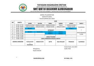 YAYASAN HASANUDIN ERETAN
SEKOLAH DASAR ISLAM TERPADU QUR’AN HASANUDIN KANDANGHAUR
SDIT QUR’AN HASANUDIN KANDANGHAUR
Jalan.KUD Mina Bahari Eretan Kulon Kandanghaur - Indramayu Kode Pos 45254 Telp.(0234)508024
JADWAL PELAJARAN PJOK
SEMESTER GANJIL
TAHUN AJARAN 2023 /2024
NO WAKTU
HARI
SENIN SELASA RABU KAMIS JUMAT SABTU
1 07.00 - 07.30 ASMAULHUSNA ASMAULHUSNA ASMAULHUSNA TAHLIL ASMAULHUSNA
OLAHRAGA
+
PENGEMBANGA
N DIRI
2 07.30 - 08.00 SHOLAT DUHA SHOLAT DUHA SHOLAT DUHA SHOLAT DUHA SHALAT DUHA
3 08.00 - 09.00 KELAS 6 KELAS 1
4 09.00 - 09.30 ISTIRAHAT
5 09.30 - 10.30 KELAS 6 KELAS 2 & 3 KELAS 4 KELAS 5
6 10.30 - 11.30 KELAS 4 KELAS 5
7 11.30 - 12.30 -
8 12.30 - 13.00 SHOLAT DUHUR
9 14.00 - 16.30 ESKUL PRAMUKA KHUSUS JUM’AT
JADWAL SERAGAM PUTIH-PUTIH
+
OLAHRAGA
MERAH PUTIH BATIK BAJU MUSLIM PRAMUKA OLAHRAGA
Eretan Kulon, JULI 2023
Mengetahui, GURU PJOK
Kepala Sekolah
NASIRUDDIN,A.Md IIK YANA, S.Pd
 